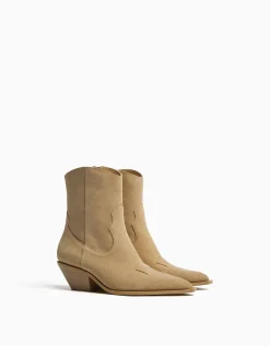 BERSHKA Bottines cowboy à talon CUIR Sable Best