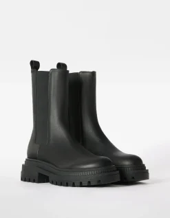 BERSHKA Bottines plates avec bandes élastiques CUIR Noir Best Sale