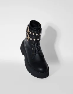BERSHKA Bottines plates avec perles et rivets Noir Cheap