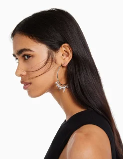 BERSHKA Boucles d’oreilles anneaux pics strass Argent Flash Sale
