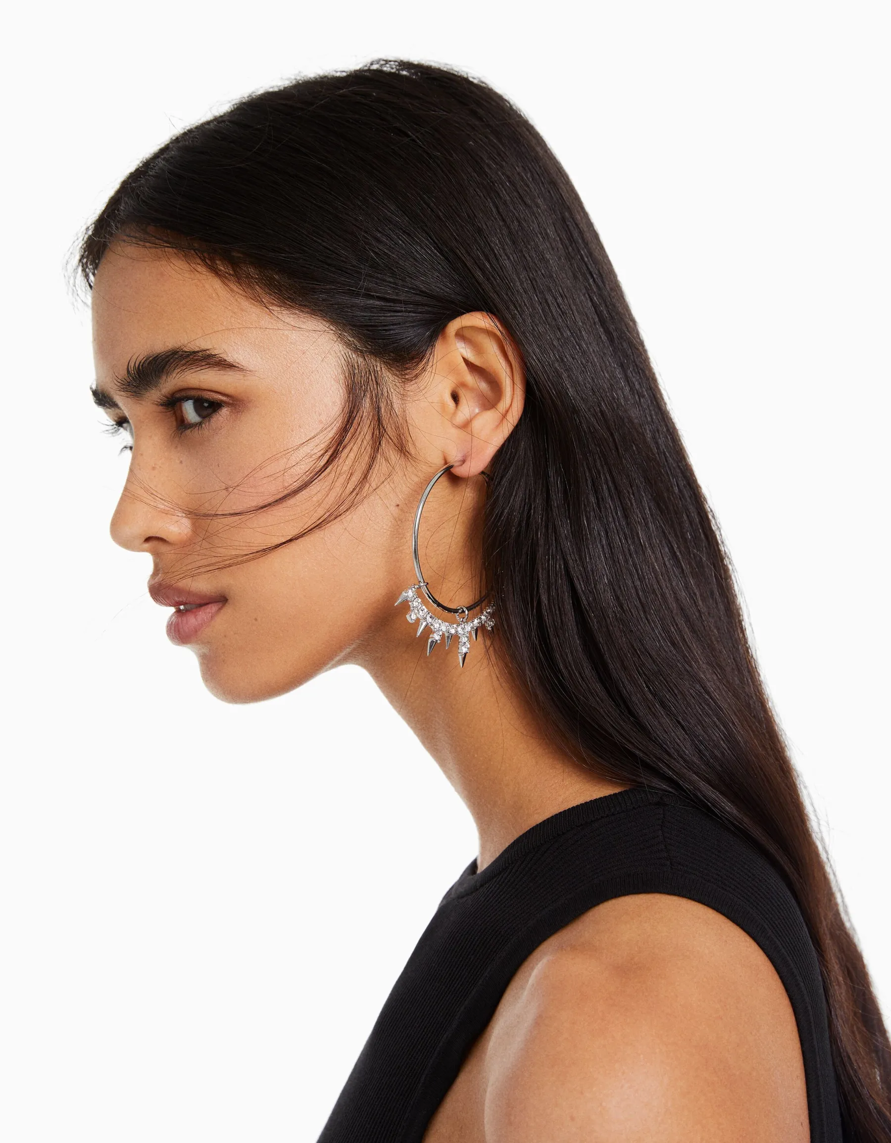 BERSHKA Boucles d’oreilles anneaux pics strass Argent Flash Sale