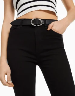 BERSHKA Ceinture fine double boucle Noir Best