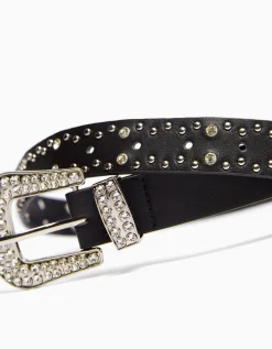 BERSHKA Ceinture rivets strass Blanc Cheap