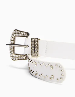 BERSHKA Ceinture rivets strass Blanc Outlet