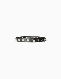 BERSHKA Ceinture similicuir œillets Noir Clearance