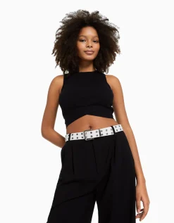 BERSHKA Ceinture similicuir œillets Noir Best