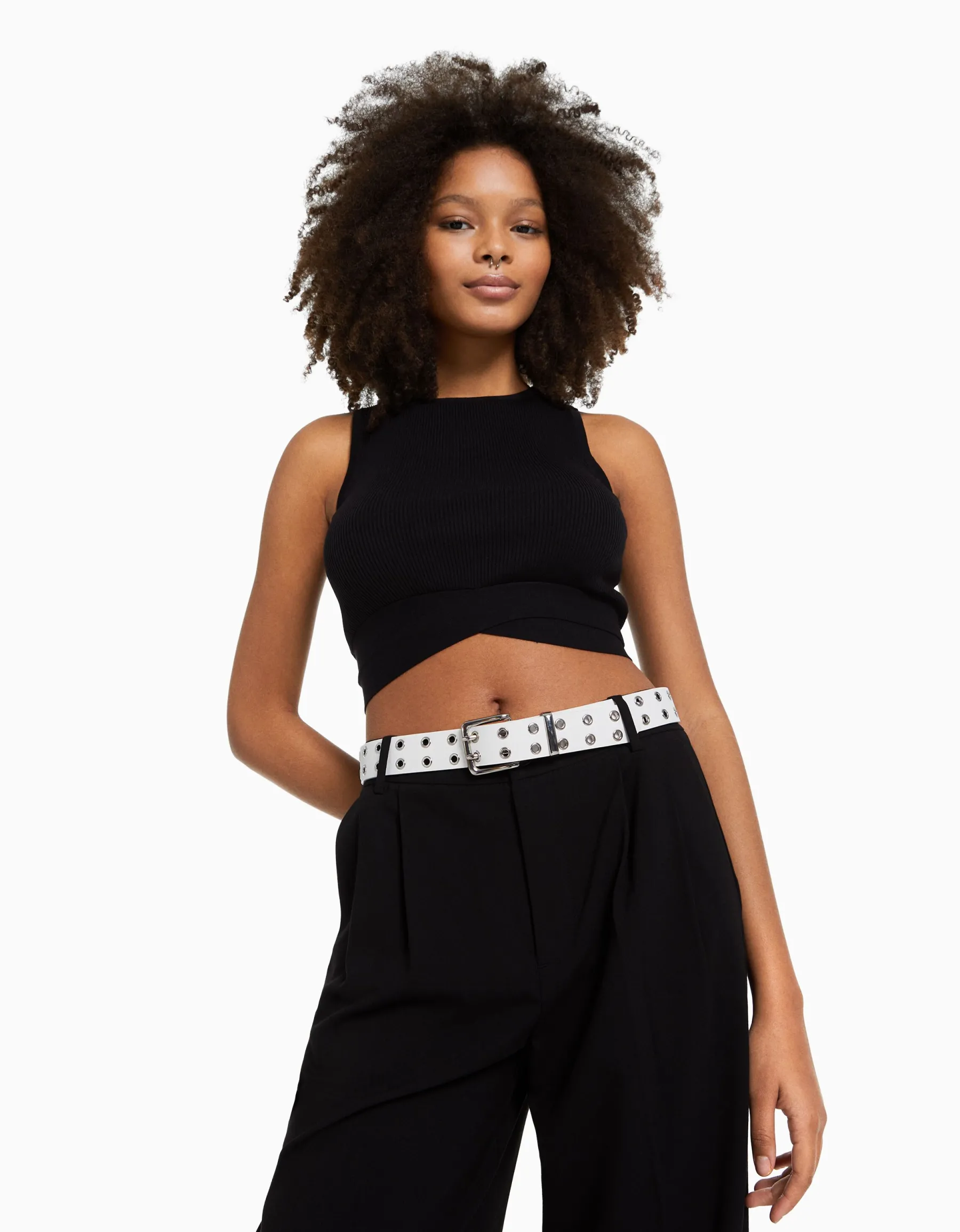 BERSHKA Ceinture similicuir œillets Noir Best