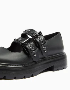 BERSHKA Chaussures plates type Mary Jane Noir Cheap