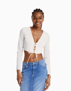 BERSHKA Chemise corset moulante manches longues popeline laçage Blanc Hot