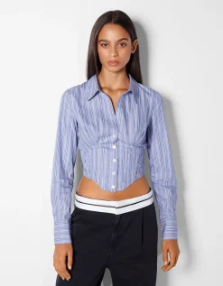 BERSHKA Chemise corset moulante manches longues popeline Kaki Best