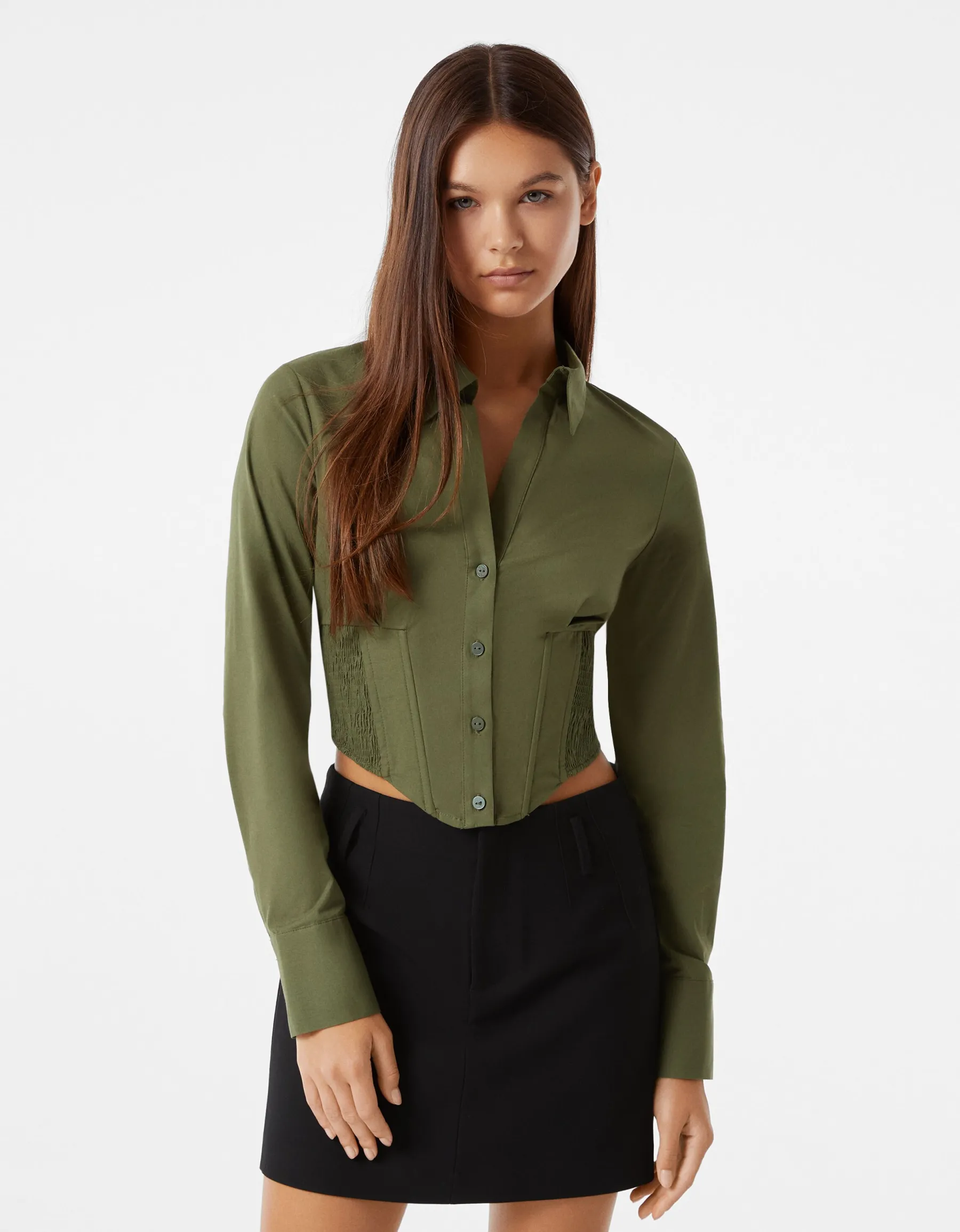 BERSHKA Chemise corset moulante manches longues popeline Kaki Fashion