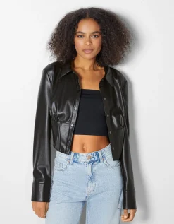 BERSHKA Chemise corset similicuir Noir Fashion