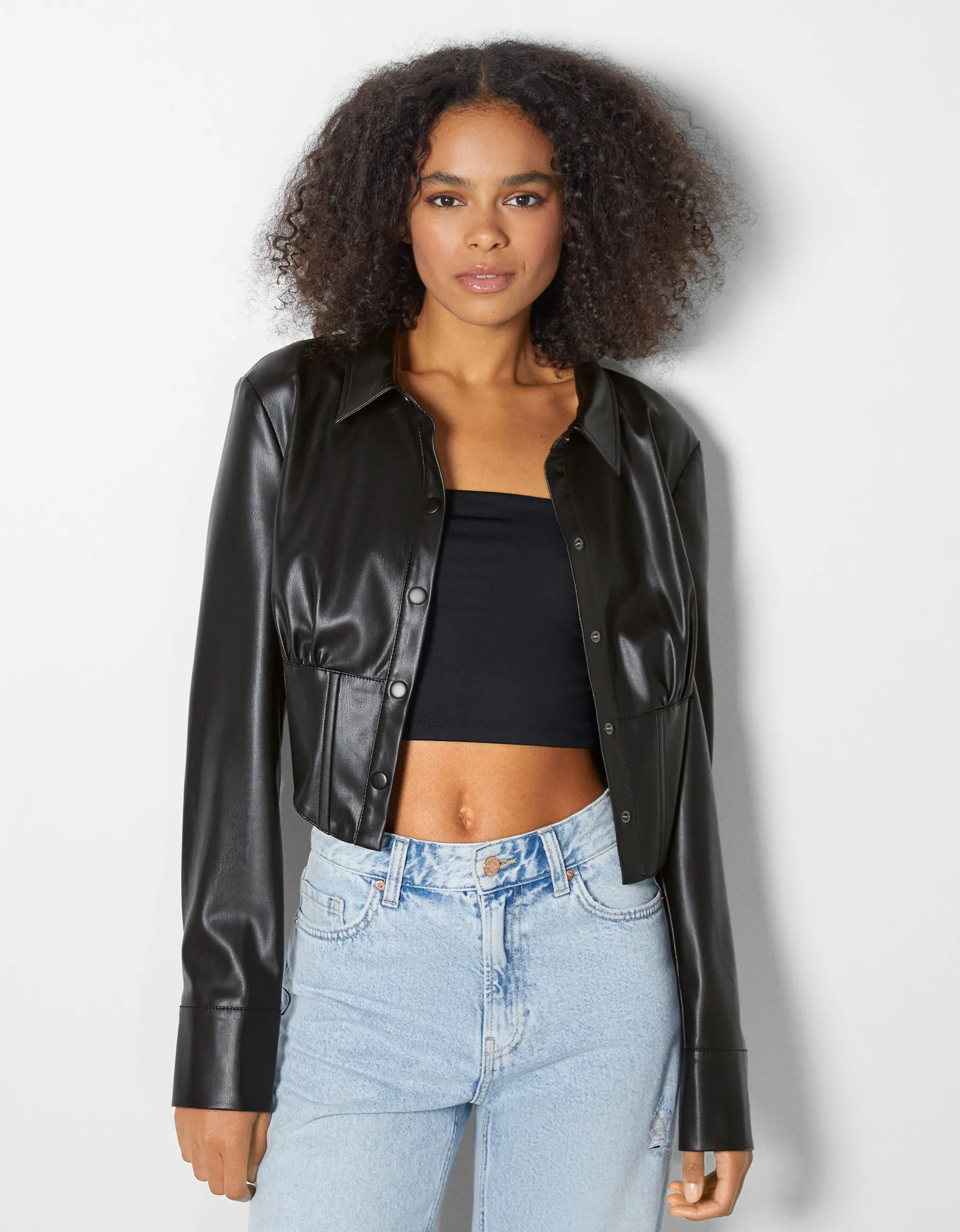 BERSHKA Chemise corset similicuir Noir Fashion