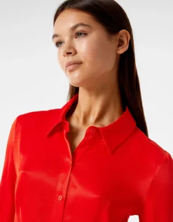 BERSHKA Chemise cropped manches longues moulante satinée Rouge Cheap