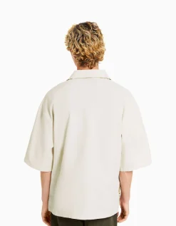 BERSHKA Chemise manches courtes broderie tigre Blanc Sale