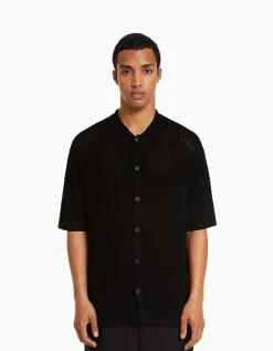 BERSHKA Chemise manches courtes basique ajourée Noir Best Sale