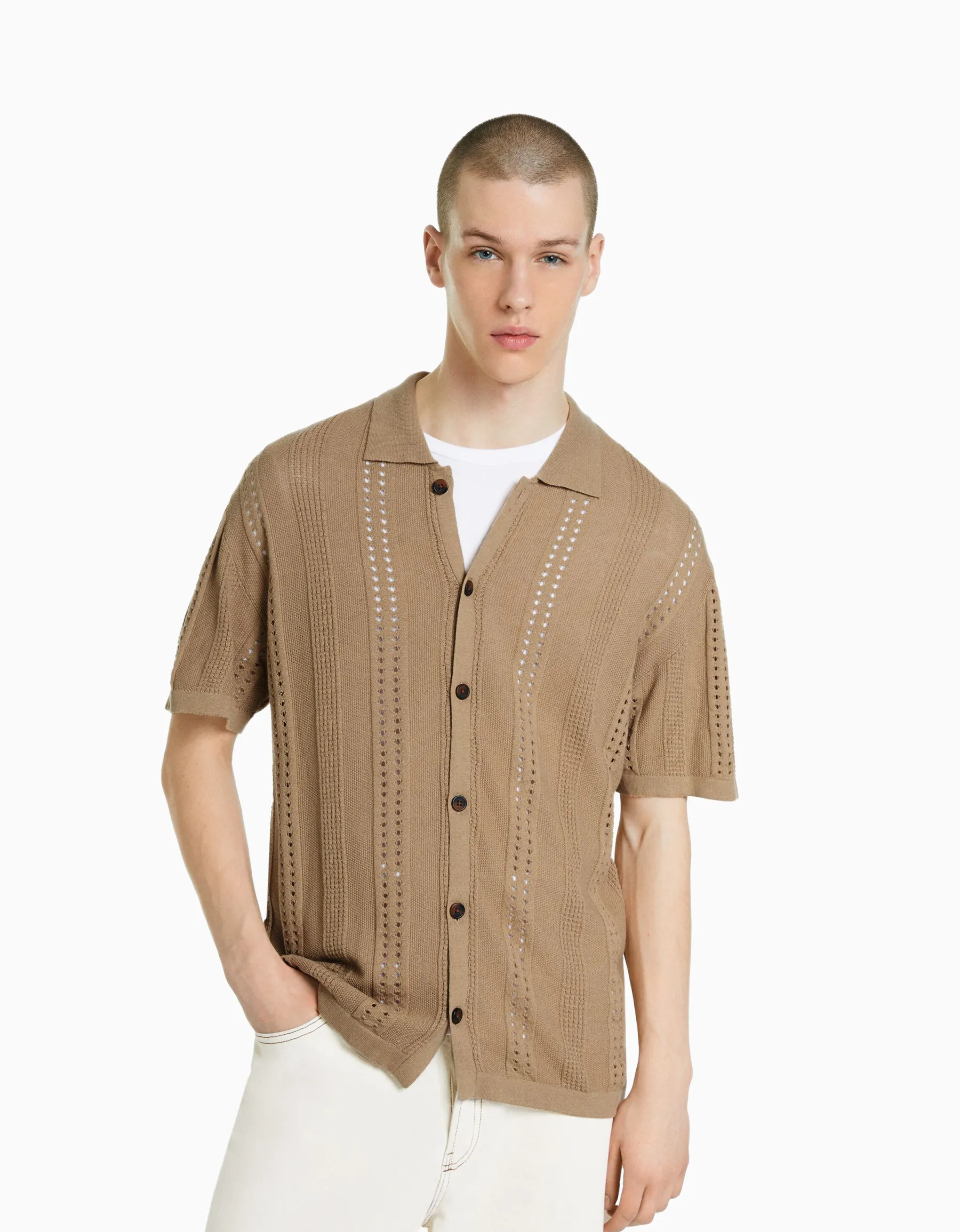 BERSHKA Chemise manches courtes maille pointelle Marron Discount