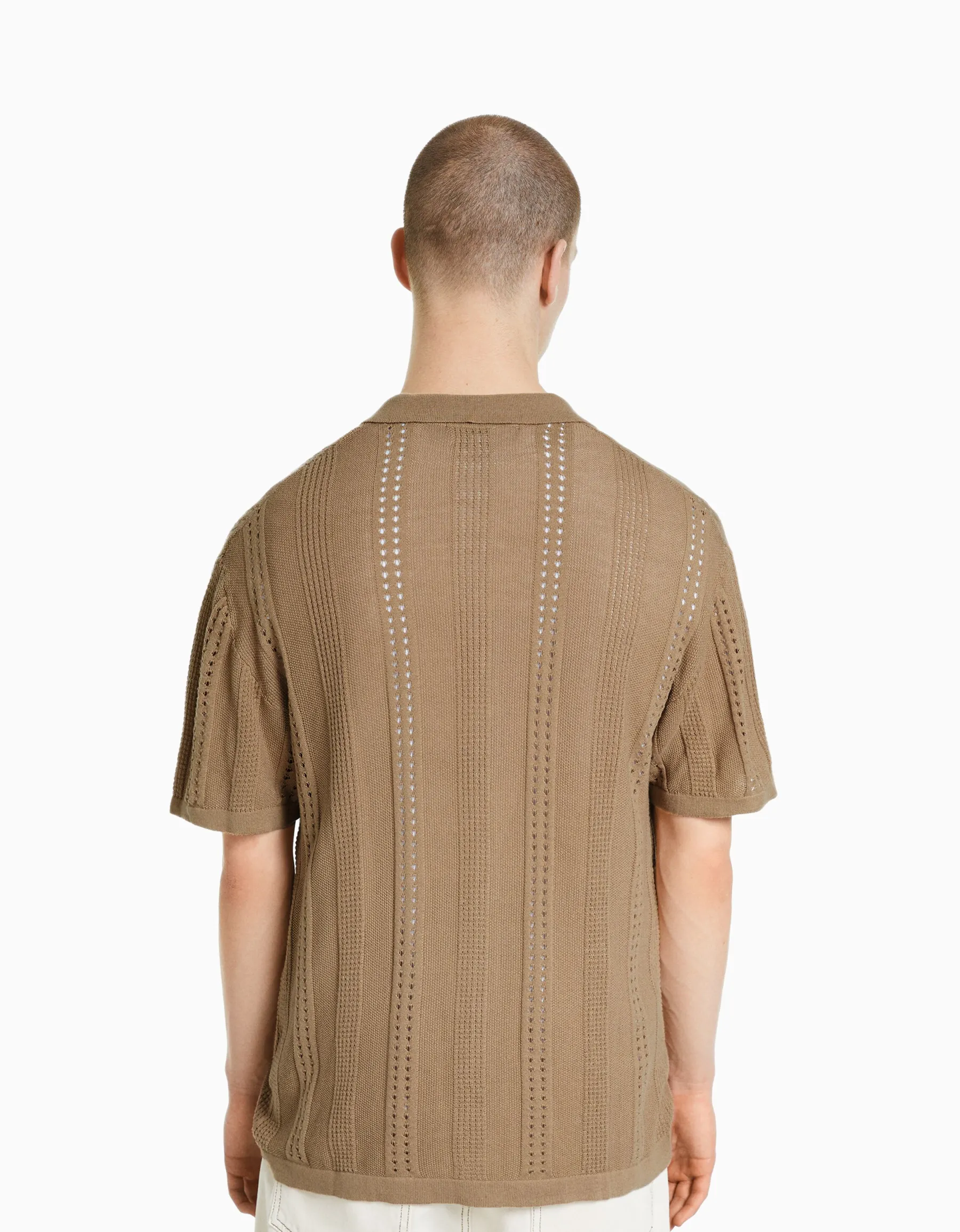 BERSHKA Chemise manches courtes maille pointelle Marron Discount
