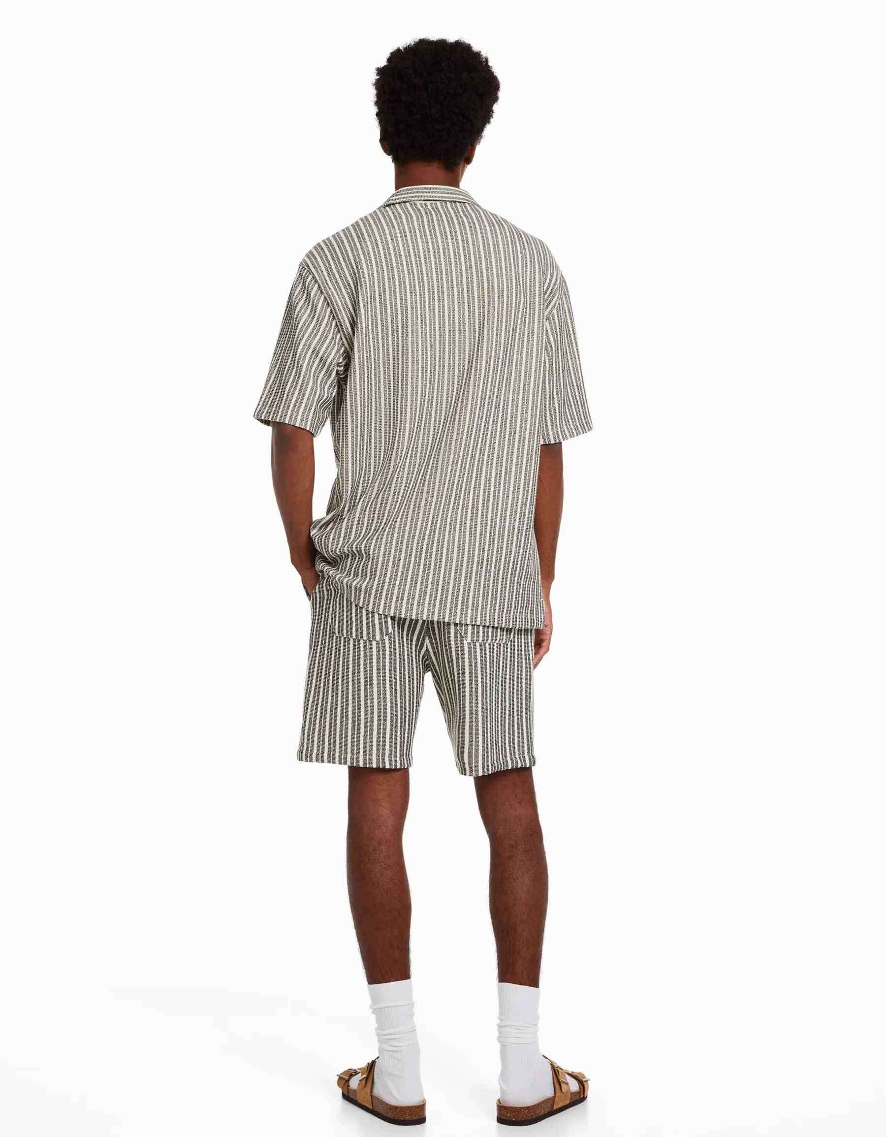 BERSHKA Chemise manches courtes rustique rayures Blanc / Noir New