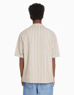 BERSHKA Chemise manches courtes rustique rayures Blanc / Noir Discount