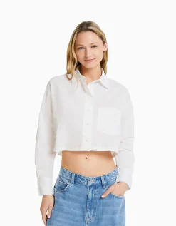 BERSHKA Chemise manches longues cropped popeline Blanc Outlet