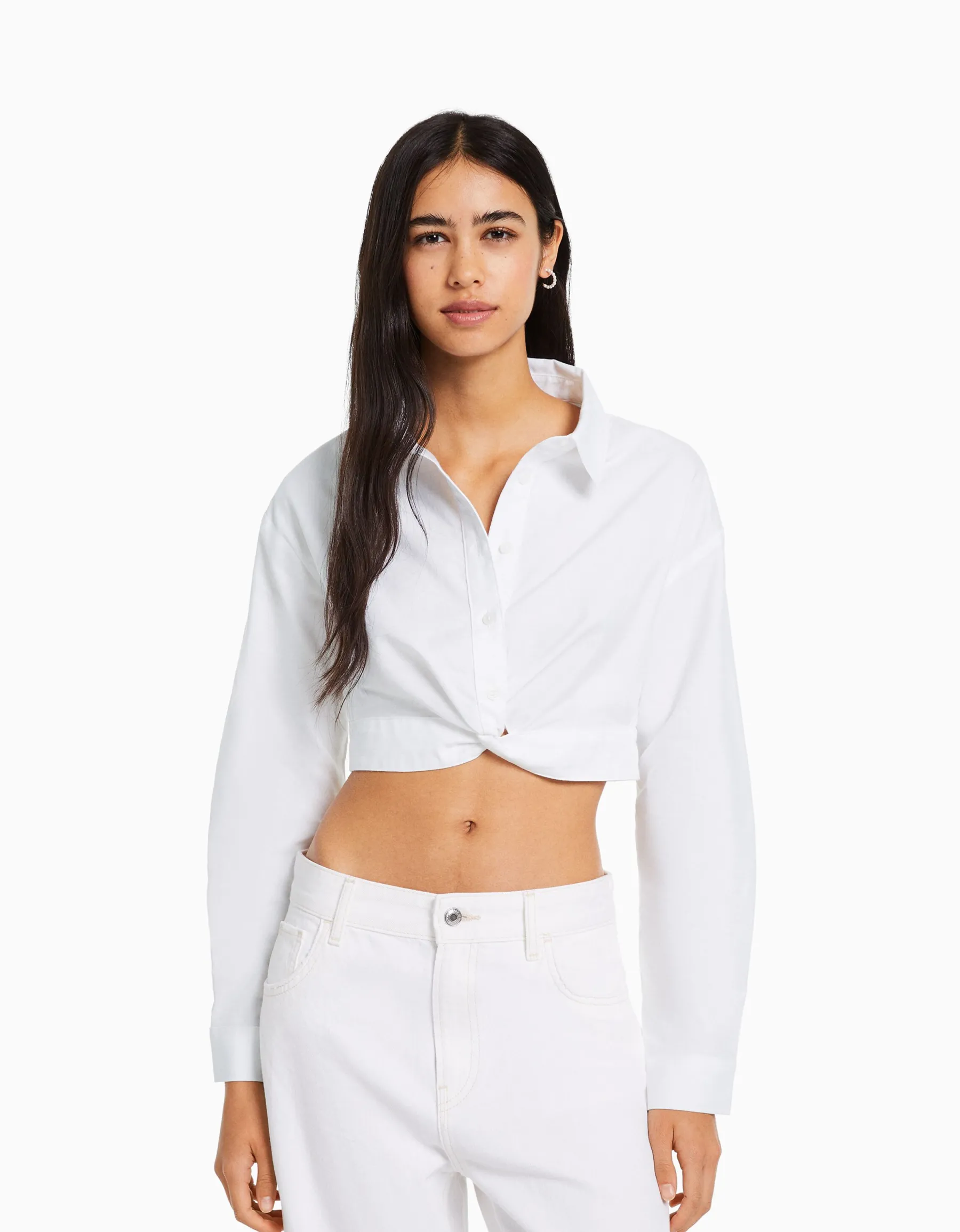 BERSHKA Chemise manches longues croisée devant Blanc Cheap