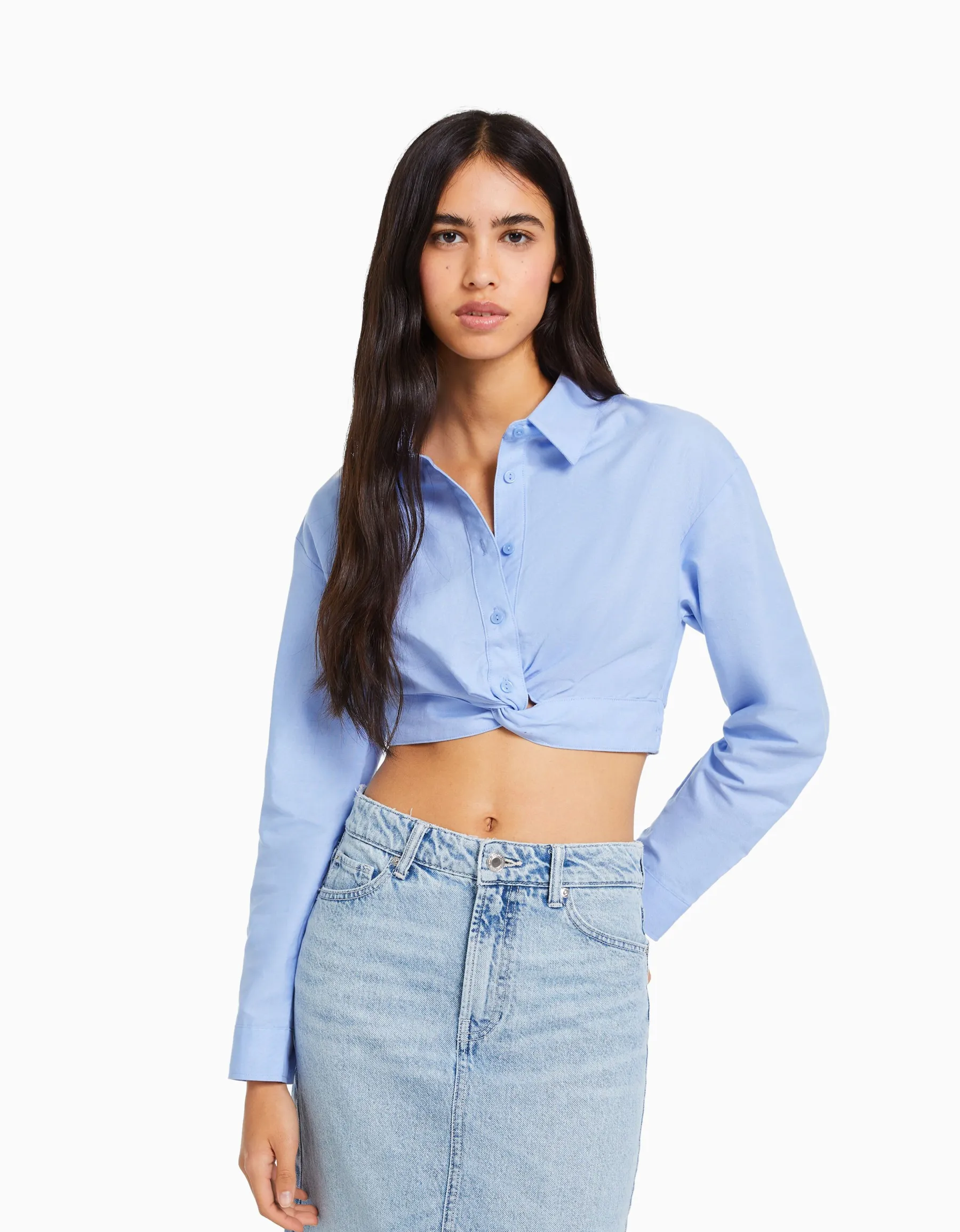 BERSHKA Chemise manches longues croisée devant Blanc Discount