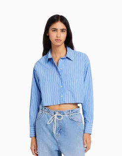 BERSHKA Chemise manches longues cropped popeline Blanc Best