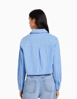 BERSHKA Chemise manches longues cropped popeline Blanc Best
