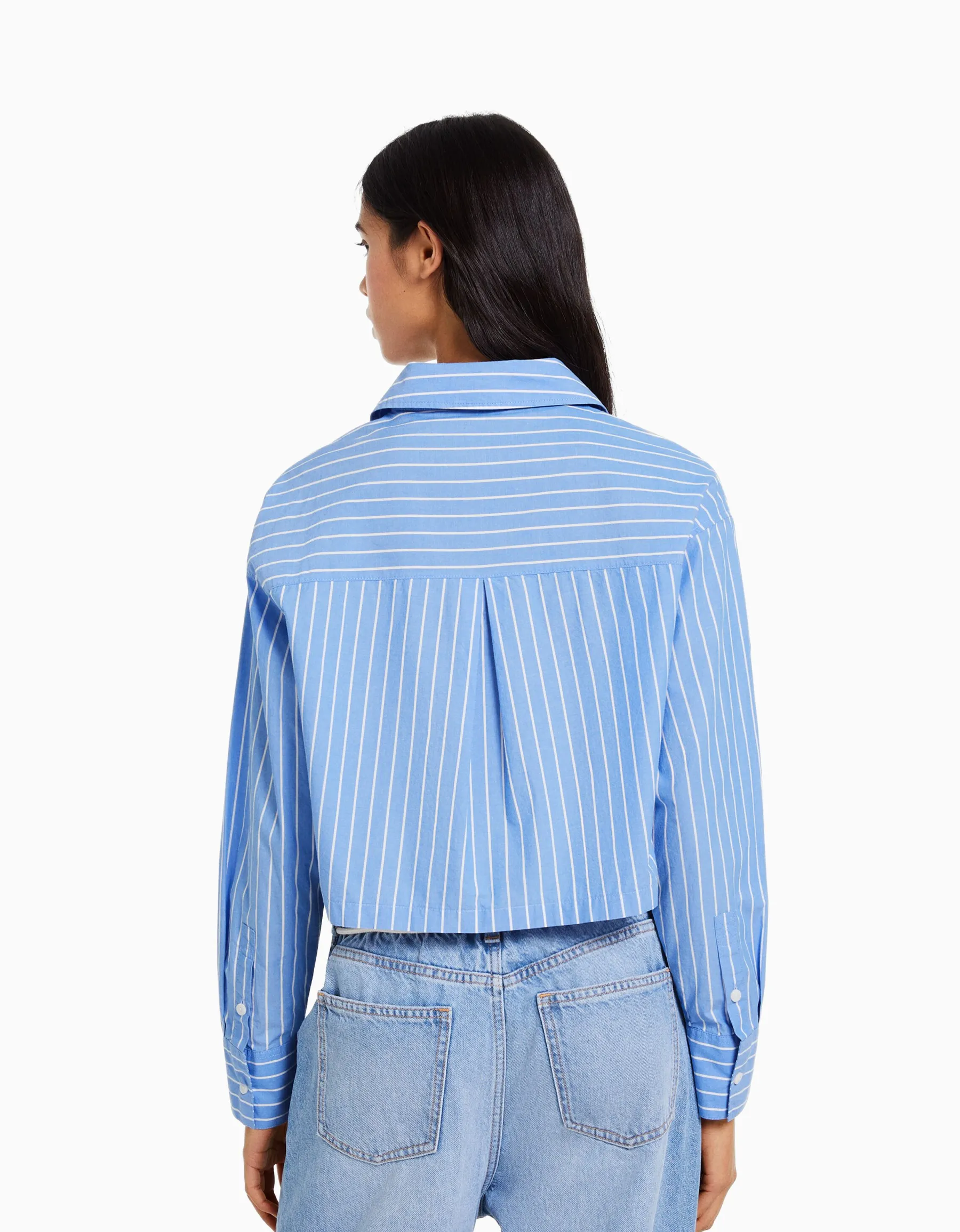 BERSHKA Chemise manches longues cropped popeline Blanc Best