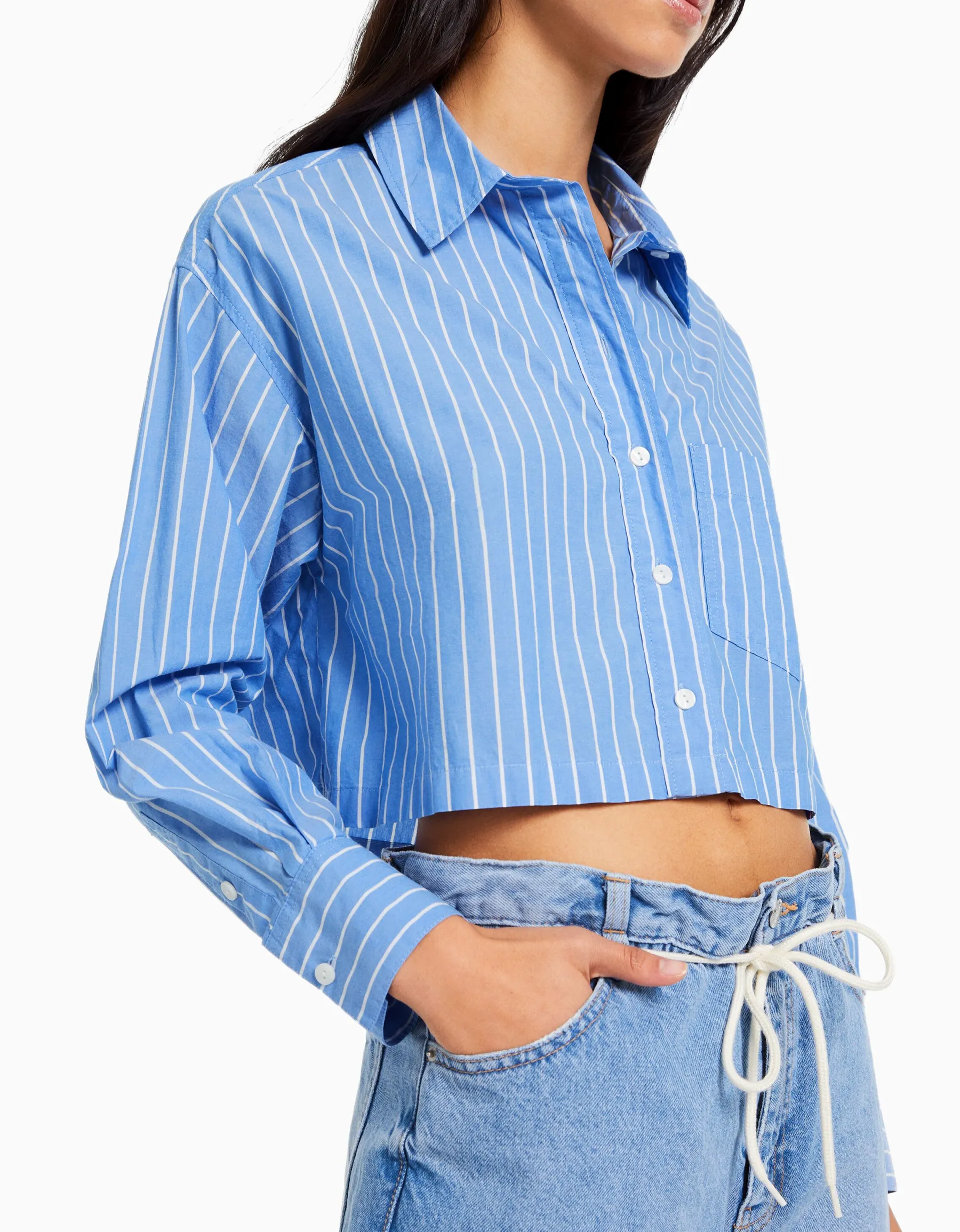 BERSHKA Chemise manches longues cropped popeline Blanc Best
