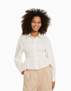 BERSHKA Chemise manches longues détail Écru Shop
