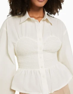 BERSHKA Chemise manches longues détail Écru Shop