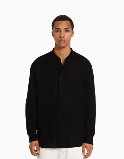 BERSHKA Chemise manches longues lin Blanc Cheap