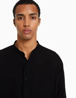 BERSHKA Chemise manches longues lin Blanc Cheap