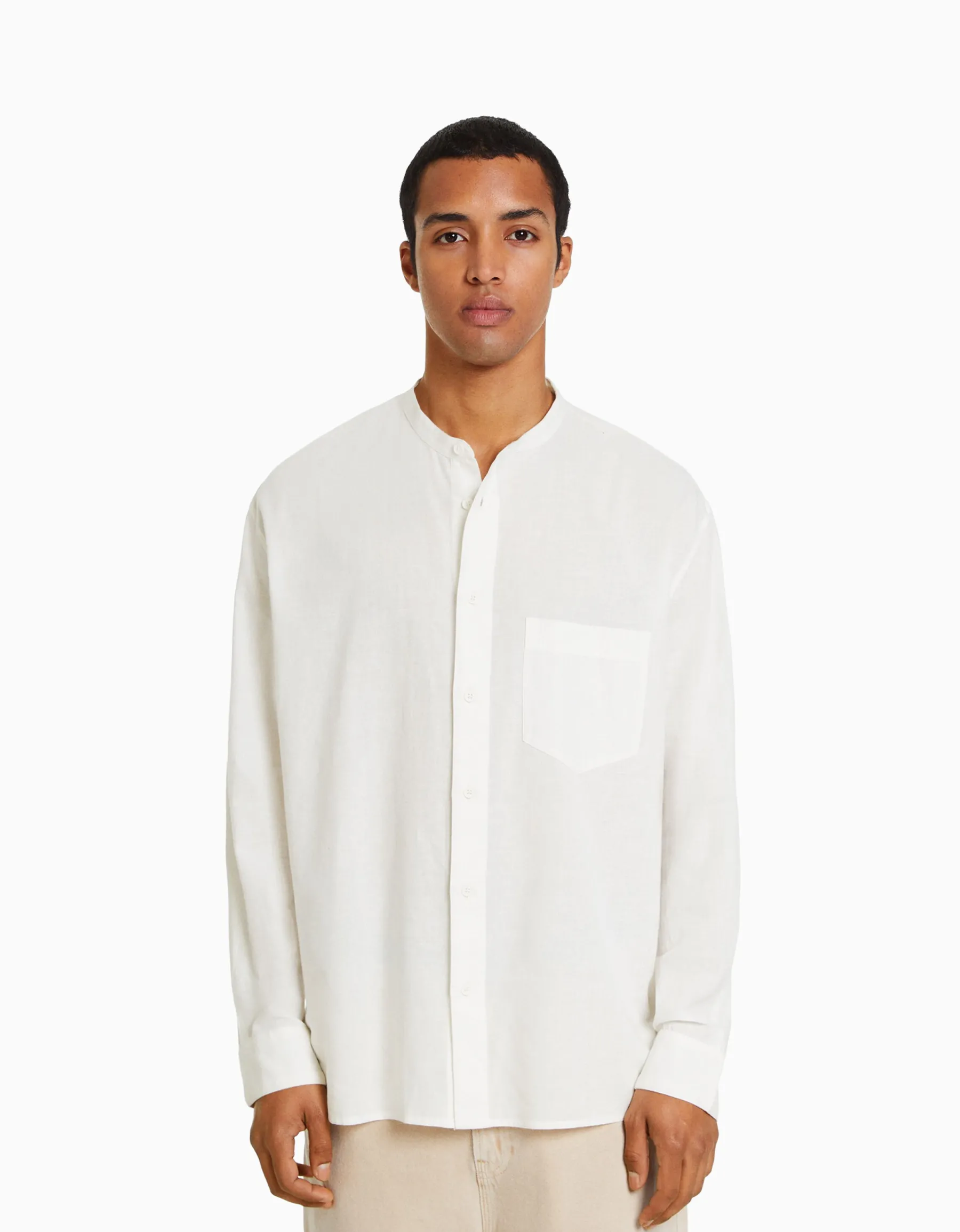 BERSHKA Chemise manches longues lin Blanc New