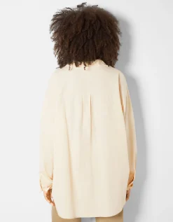 BERSHKA Chemise manches longues overzise popeline Beige Discount