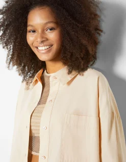 BERSHKA Chemise manches longues overzise popeline Beige Discount