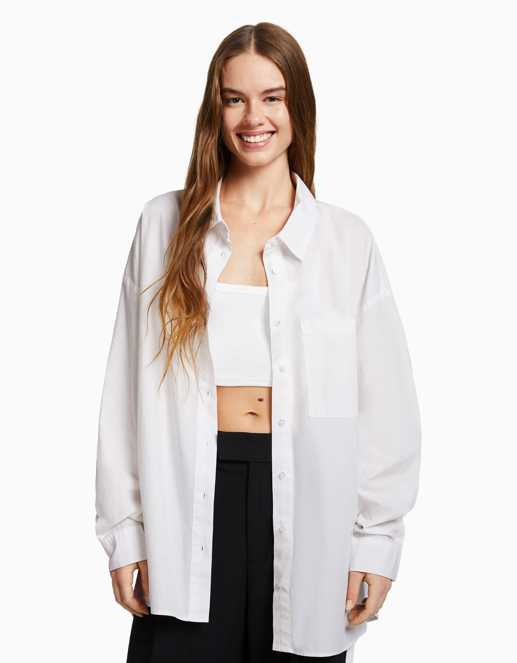 BERSHKA Chemise manches longues overzise popeline Vert Store