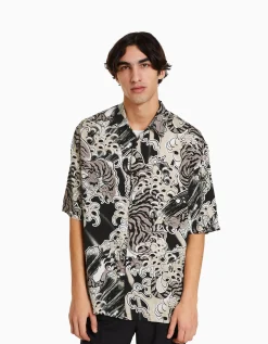 BERSHKA Chemisette imprimée Noir Flash Sale