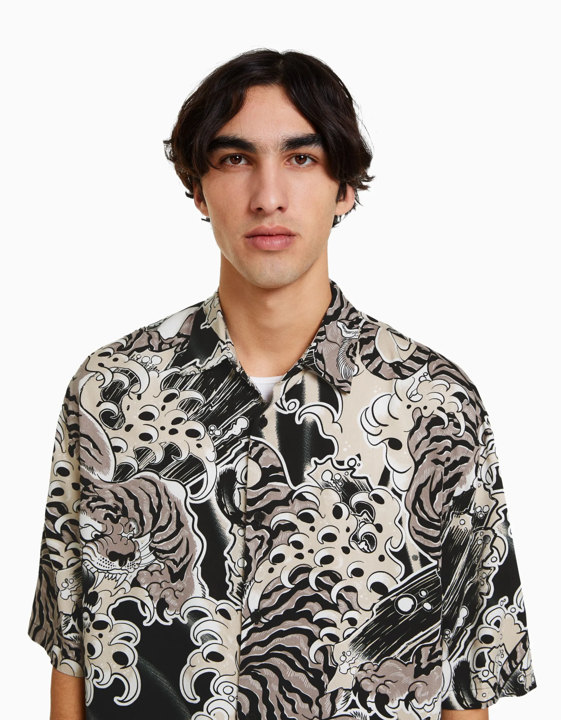 BERSHKA Chemisette imprimée Noir Flash Sale