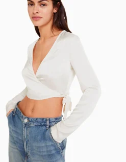 BERSHKA Chemisier cache-cœur ballerine manches longues satiné Beige Flash Sale