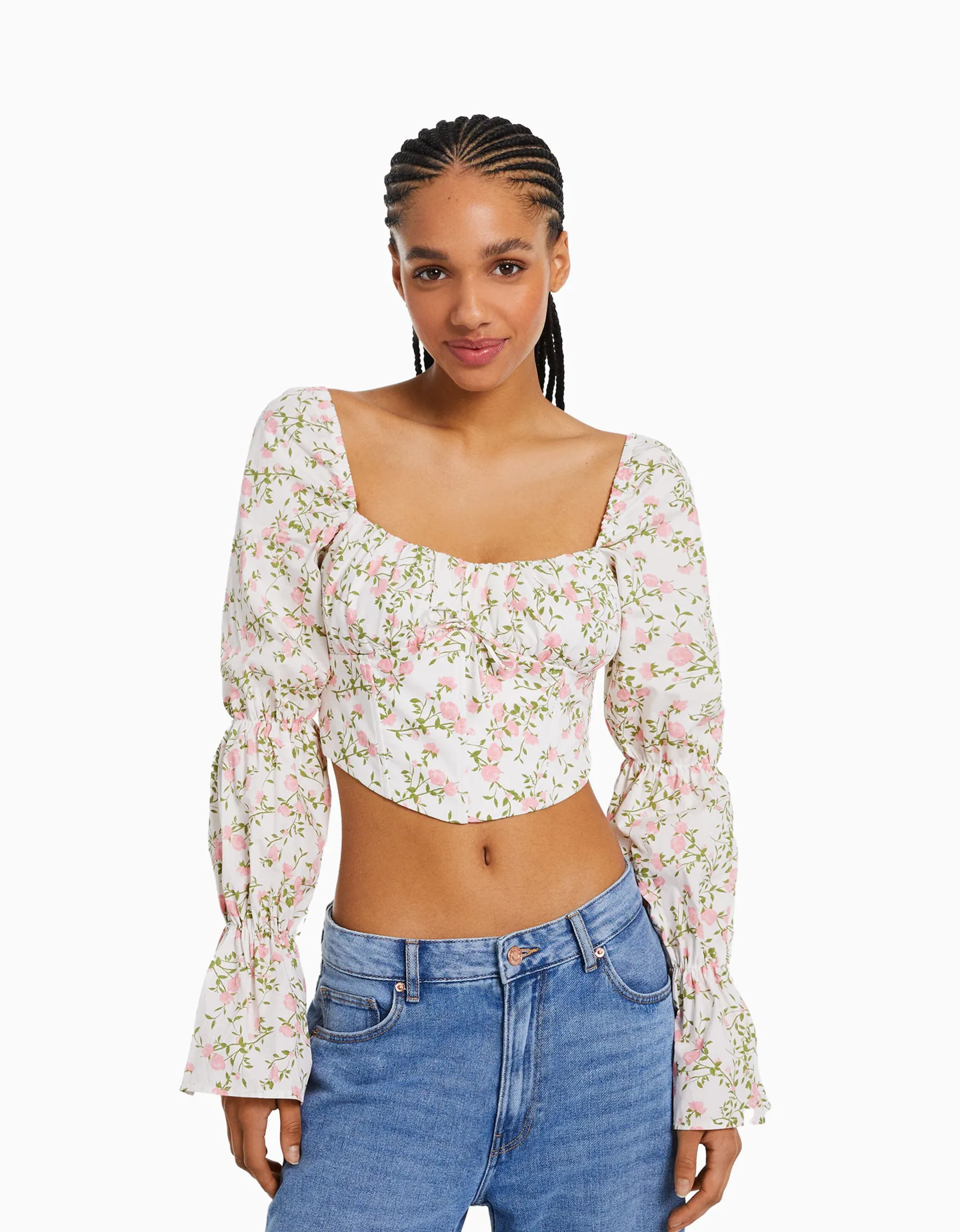BERSHKA Chemisier corset cropped manches longues Multicouleur Store