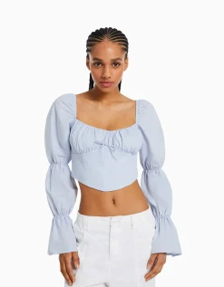 BERSHKA Chemisier corset cropped manches longues Multicouleur Sale