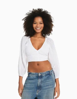 BERSHKA Chemisier manches longues volume col V Blanc cassé Best