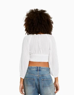 BERSHKA Chemisier manches longues volume col V Blanc cassé Best