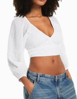 BERSHKA Chemisier manches longues volume col V Blanc cassé Best