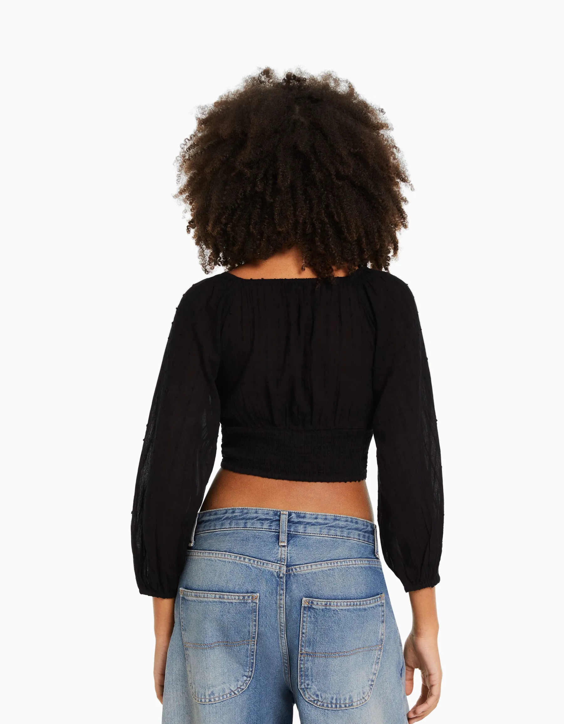 BERSHKA Chemisier manches longues volume col V Blanc cassé Store