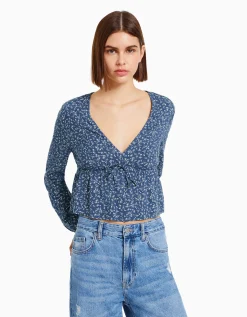 BERSHKA Chemisier manches longues imprimé fleurs nœud Marine Cheap