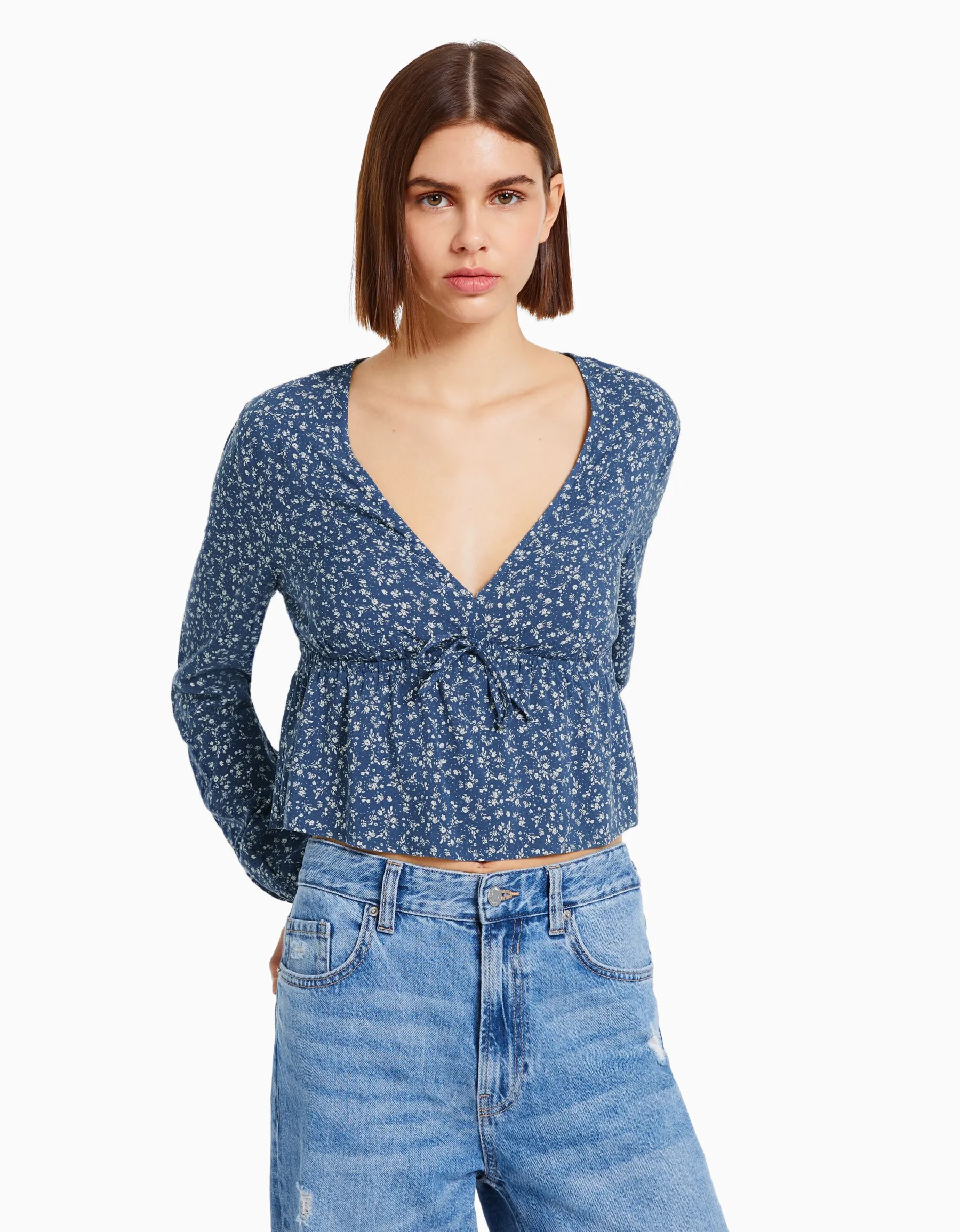 BERSHKA Chemisier manches longues imprimé fleurs nœud Marine Cheap